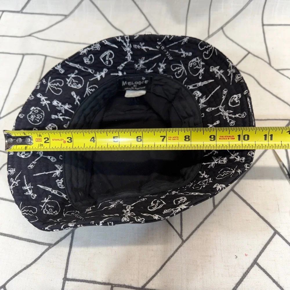 Melodie Perrault Bucket Hat OS Black‎ White Doodle Skull Rose Punk Streetwear